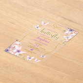Paarse Kleine Vlinder Roze Bloemen 1e Verjaardag Acryl Uitnodigingen (Laagn)