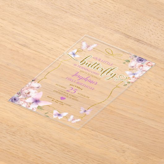 Paarse Kleine Vlinder Roze Bloemen 1e Verjaardag Acryl Uitnodigingen (Laagn)