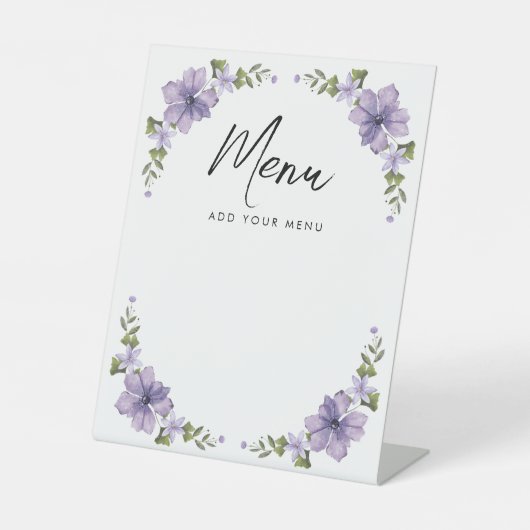 Paarse Kleine Wildflower Menu Baby shower Reclamebord Met Voetstuk (Voorkant)