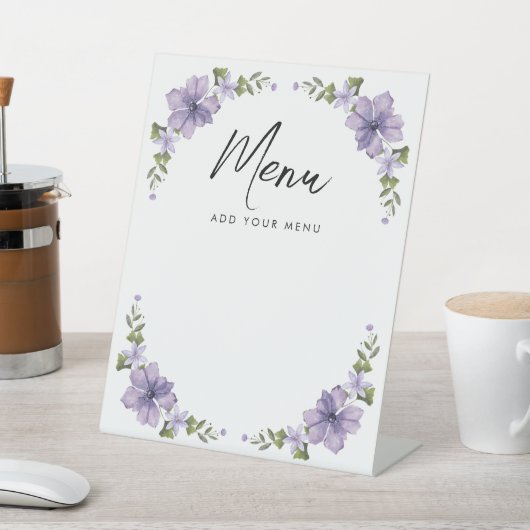 Paarse Kleine Wildflower Menu Baby shower Reclamebord Met Voetstuk (Insitu)