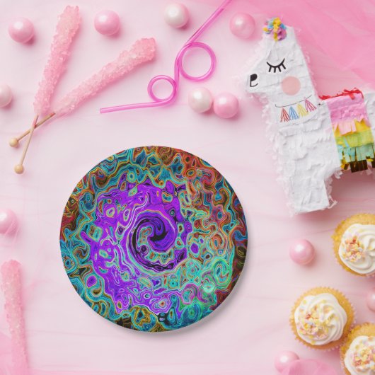 Paarse kleurrijke Groovy Abstract Retro vloeistof  Papieren Bordje (Feest)