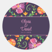 Paarse Kleurrijke Mexicaanse Bloemen Fiesta Bruilo Ronde Sticker (Voorkant)