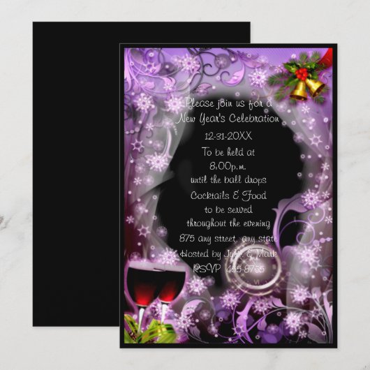 Paarse klok slaat 12 nieuwjaarsfeest kaart (Voorkant / Achterkant)