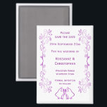 Paarse klokken Scroll Design Wedding Save the Date Magneet<br><div class="desc">Trouwen slaan de datum magneet klokken ontwerp. Pas deze paarse gekleurde bruiloft aan en sla de datummagneet op met uw trouwgegevens. Mocht u hulp nodig hebben bij het aanpassen, neem dan contact met ons op via de link op deze pagina. Paarse gekleurde klokken ontwerp gepersonaliseerde bruiloft opslaan van de datummagneet...</div>