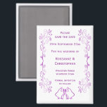 Paarse klokken Scroll Design Wedding Save the Date Magneet<br><div class="desc">Trouwen slaan de datum magneet klokken ontwerp. Pas deze paarse gekleurde bruiloft aan en sla de datummagneet op met uw trouwgegevens. Mocht u hulp nodig hebben bij het aanpassen, neem dan contact met ons op via de link op deze pagina. Paarse gekleurde klokken ontwerp gepersonaliseerde bruiloft opslaan van de datummagneet...</div>