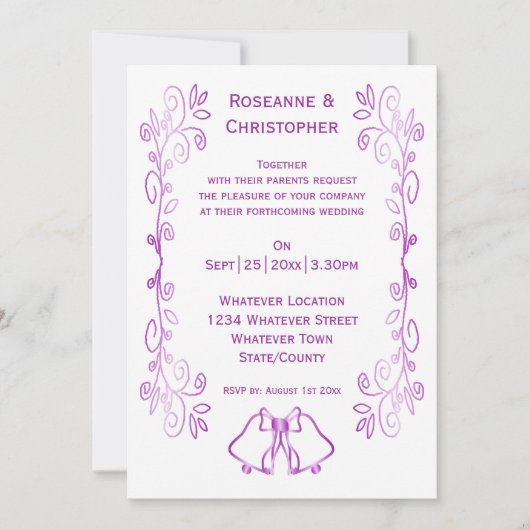 Paarse klokken Scrollwork Ontwerp Wedding Kaart (Voorkant)