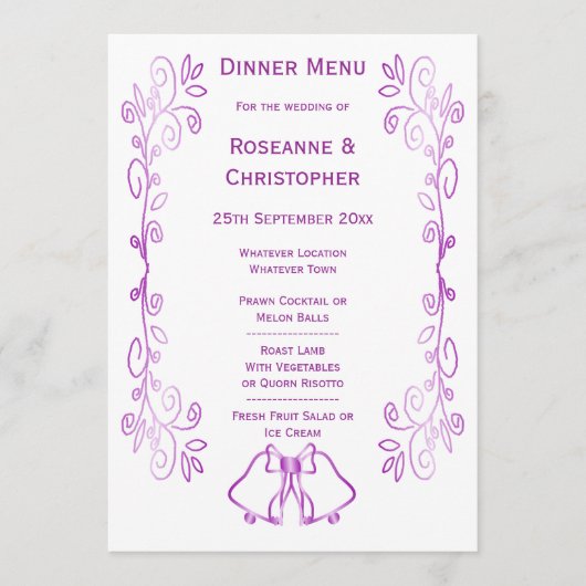 Paarse klokken Scrollwork Ontwerp Wedding Menu (Voorkant)
