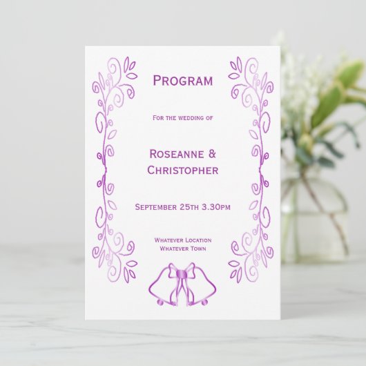 Paarse klokken Scrollwork Ontwerp Wedding Programmakaart (Staand voorkant)