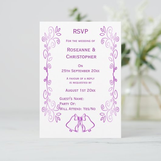 Paarse klokken Scrollwork Ontwerp Wedding RSVP Kaartje (Staand voorkant)