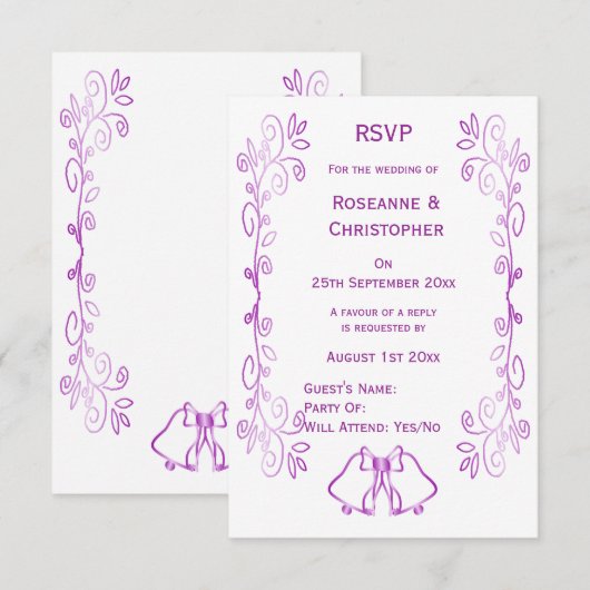 Paarse klokken Scrollwork Ontwerp Wedding RSVP Kaartje (Voorkant / Achterkant)