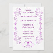 Paarse klokken Scrollwork Ontwerp Wedding Save The Date (Voorkant)
