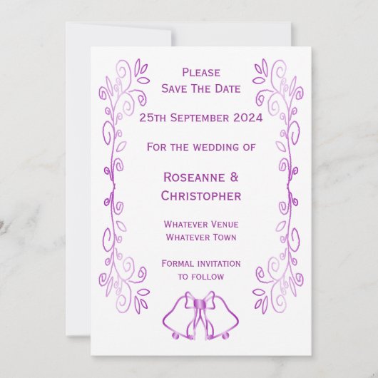 Paarse klokken Scrollwork Ontwerp Wedding Save The Date (Voorkant)