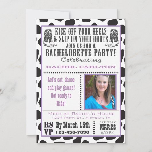 Paarse Koe Print Cowgirl Bachelorette Party Uitnod Kaart (Voorkant)