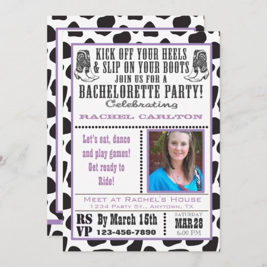 Paarse Koe Print Cowgirl Bachelorette Party Uitnod Kaart (Voorkant / Achterkant)