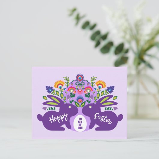 Paarse konijntjes met folklore touch aangepaste te briefkaart (Staand voorkant)