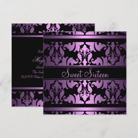 Paarse Koninklijke Damask Sweet16 Birthday Invite Kaart (Voorkant / Achterkant)