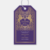 Paarse koninklijke leeuw middeleeuwse zwaard bruil cadeaulabel (Voorkant)