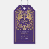 Paarse koninklijke leeuw middeleeuwse zwaard bruil cadeaulabel (Achterkant)