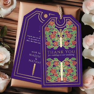 Paarse Koninklijke Middeleeuwse Gouden Zwaard Huwe Cadeaulabel