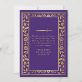 Paarse koninklijke middeleeuwse sword bruiloft bedankkaart (Achterkant)
