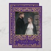 Paarse koninklijke middeleeuwse sword bruiloft bedankkaart (Voorkant / Achterkant)