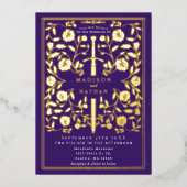 Paarse koninklijke middeleeuwse sword bruiloft folie uitnodiging (Voorkant)