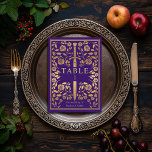Paarse koninklijke middeleeuwse sword bruiloft kaart<br><div class="desc">Vier uw speciale dag met deze Royal Medieval Sword Wedding design. Het ontwerp op de achterkant van de uitnodiging is GEEN echte gouden folie. Items worden precies afgedrukt zoals ze op uw scherm verschijnen wanneer u aan de winkelwagen toevoegt, dus personaliseer en voeg elk tabelnummer dat u nodig hebt afzonderlijk...</div>