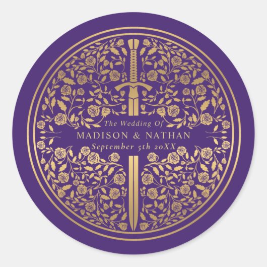 Paarse koninklijke middeleeuwse sword bruiloft ronde sticker (Voorkant)