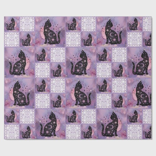 Paarse kosmische katten Patchwork Patroon Cadeaupapier (Vlak)