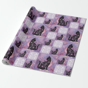 Paarse kosmische katten Patchwork Patroon Cadeaupapier