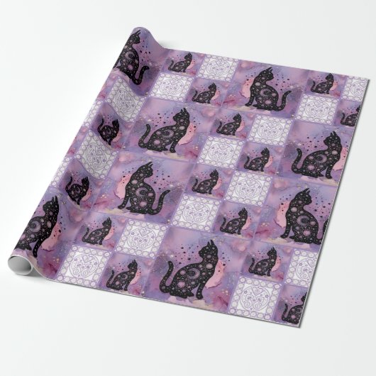Paarse kosmische katten Patchwork Patroon Cadeaupapier (Uitgerold)