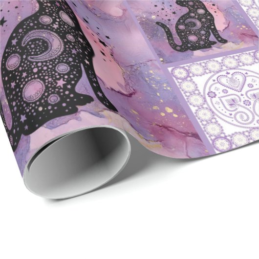 Paarse kosmische katten Patchwork Patroon Cadeaupapier (Rol Hoek)