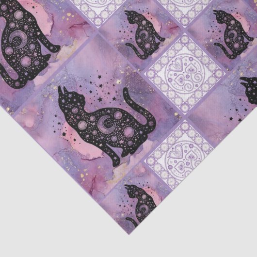 Paarse kosmische katten Patchwork Patroon Tissuepapier (Detail)