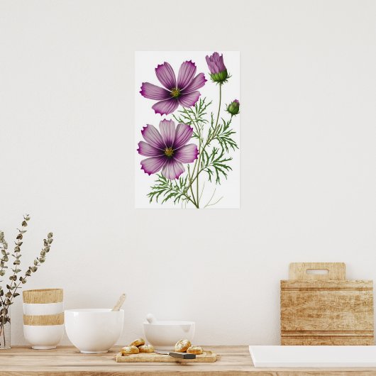 Paarse Kosmos Bloemen Art Print Poster (Keuken)