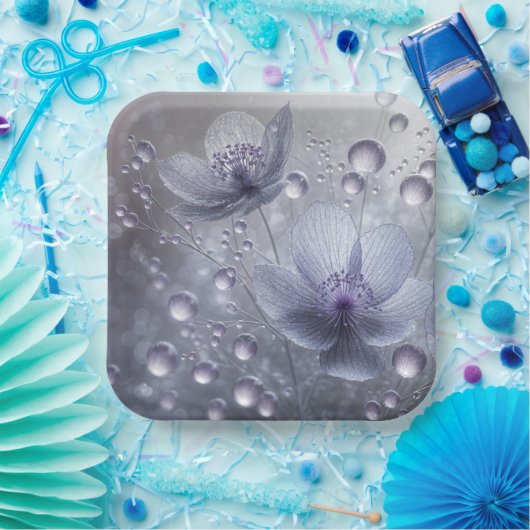 Paarse kosmos en dauwdruppels papieren bordje (Feest)