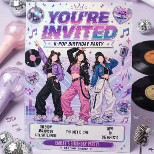Paarse Kpop-dansfeest Verjaardagsuitnodiging Kaart