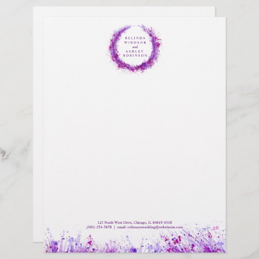 Paarse krans splash moderne waterverf briefhoofd (Voorkant / Achterkant)