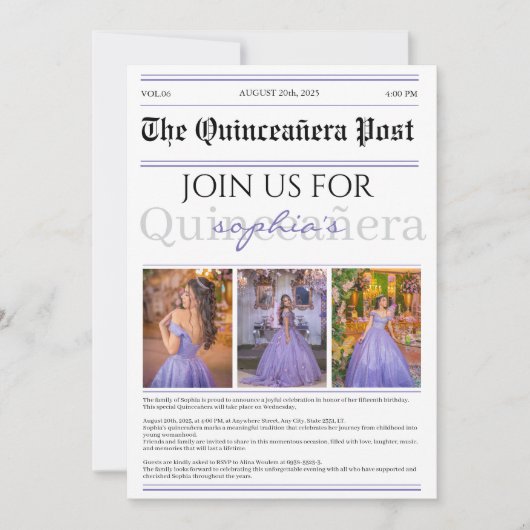 Paarse krant Quinceañera Kaart (Voorkant)