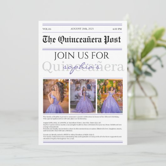 Paarse krant Quinceañera Kaart (Staand voorkant)