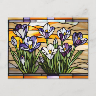 Paarse Krokus Bloemen Gebrandschilderd Glas Feestdagenkaart