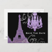 Paarse Kroonluchter Eiffeltoren Save The Date Aankondigingskaart (Voorkant / Achterkant)