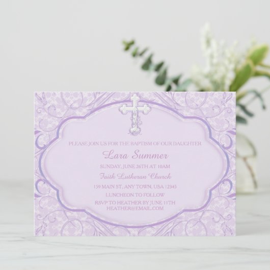 Paarse Kruis doop uitnodiging (Staand voorkant)