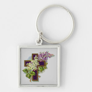Paarse Kruis En Bloemen Sleutelhanger