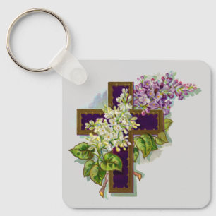 Paarse Kruis En Bloemen Sleutelhanger