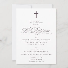 Paarse Kruis Kalligrafie Taupe Doop Uitnodigen Kaart