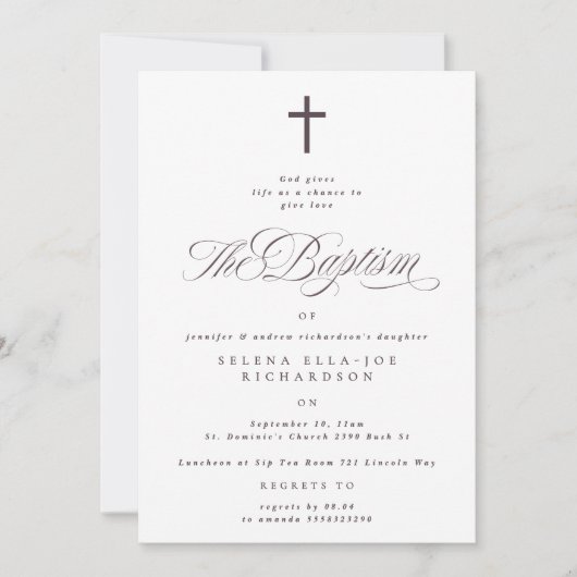 Paarse Kruis Kalligrafie Taupe Doop Uitnodigen Kaart (Voorkant)