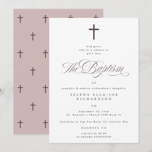 Paarse Kruis Kalligrafie Taupe Doop Uitnodigen Kaart (Voorkant / Achterkant)