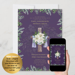 Paarse Kruis Katholieke Nuptial Mass Bruiloft Kaart