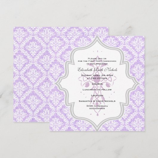 Paarse Kruis witte damast burlap Eerste Communie Kaart (Voorkant / Achterkant)