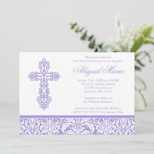Paarse  kruisramp meisje Eerste Communie Kaart (Staand voorkant)